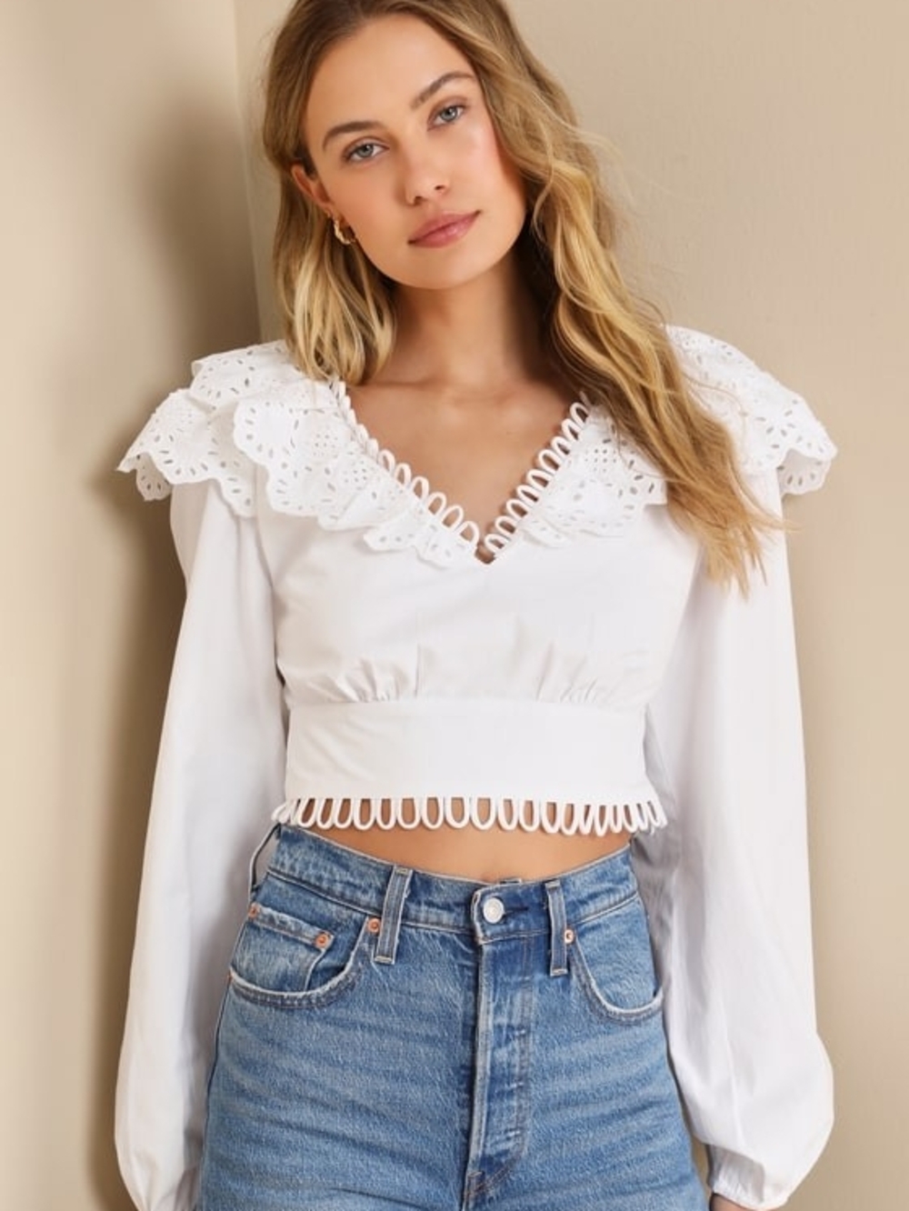 Lulu's White Eyelet V-Neck Cropped Blouse